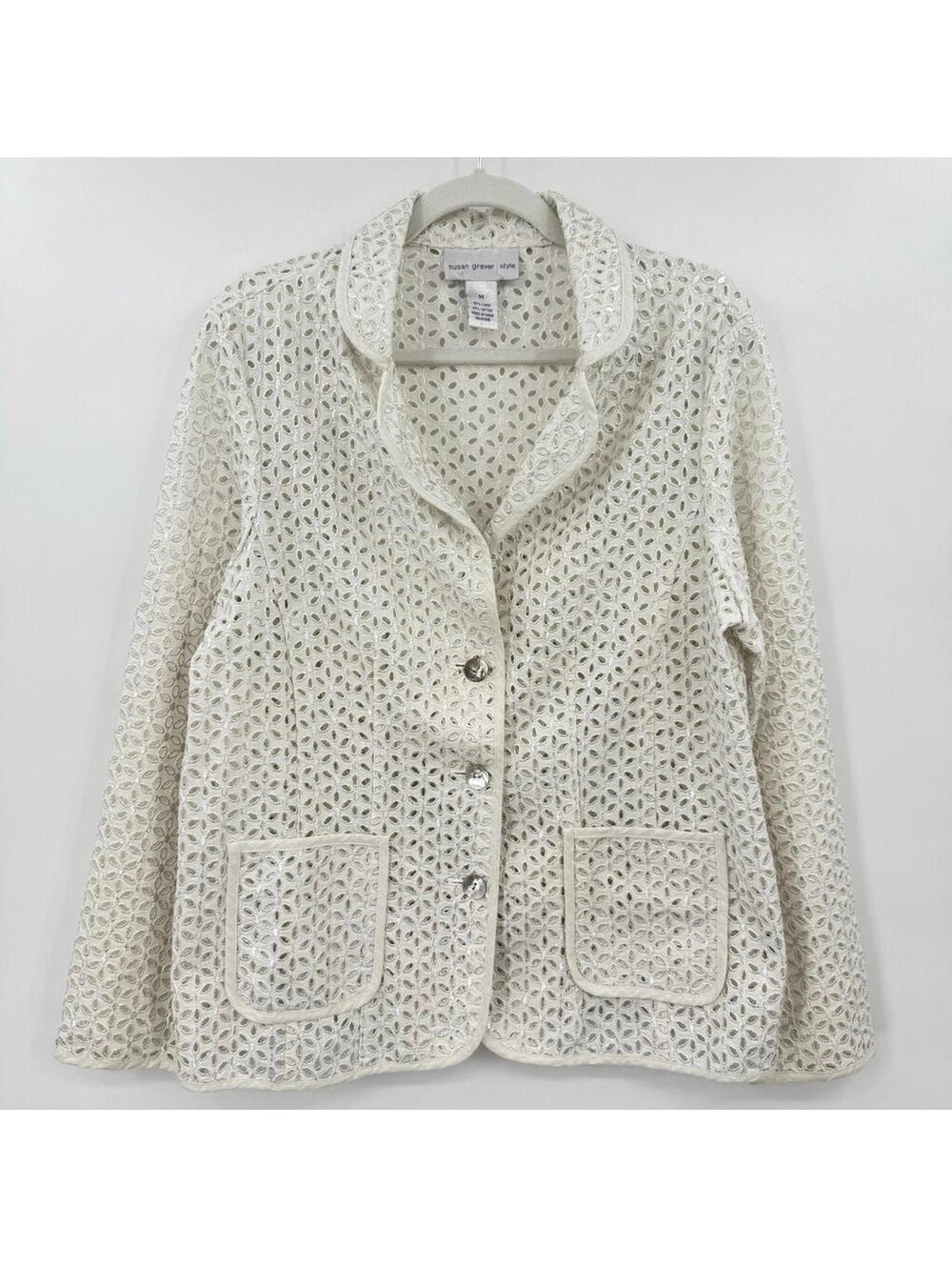Women's Susan Graver Linen/Cotton Metallic Eyelet White/Silver Jacket Medium